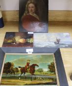 T Burford reverse print on glass of a lady equestrian an oil of fishing boats, still life and a