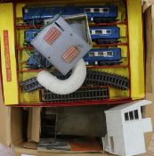 A quantity of Hornby and other makes, OO gauge, trains etc and an Escado set