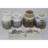 A Prattware jar, 'Venice' (84), three other jars and two rectangular boxes and covers, including '