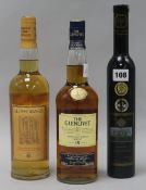 A bottle18 year old Glenlivet whisky, a dessert wine and a bottle of Glenmorangie 10 year old