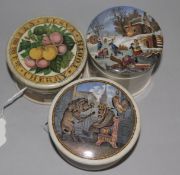 Three Prattware pot lids and bases, 'Bunch of Cherries' (126), 'Bear, Lion & Cock (19) and '