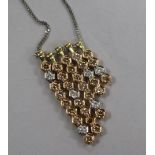 Five graduated modern gold and two colour diamond set line pendants, mounted on a silver chain,