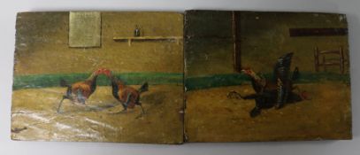 19th Century English School2 oilsCock fighting scenes15 x 19.5cm unframed