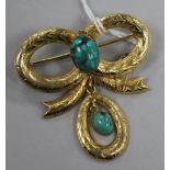 A Victorian style 9ct gold and turquoise drop ribbon bow brooch, 52mm.