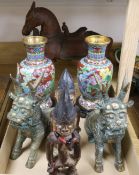 A pair of Chinese cloisonne enamel vases, a pair of bronze beasts, two African wood figures and a