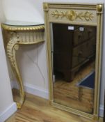 An Adam style cream and gilt picture mirror and a small demi-lune centre table W.52cm
