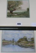 English School watercolour of Cattle grazing by a river and a similar watercolour