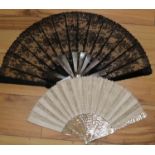 Brussels lace and Mother of Pearl fan, one other large fan and some fan guards