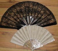 Brussels lace and Mother of Pearl fan, one other large fan and some fan guards