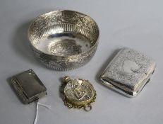 A silver cigarette case, an Art Nouveau scent bottle, a stamp box/vesta and a Burmese? bowl.