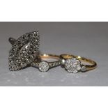 An 18ct gold and diamond cluster ring, a 9ct gold, platinum and diamond illusion-set ring and a