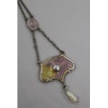 A George V Charles Horner silver , enamel and baroque pearl set drop pendant, enamel a.f., pendant