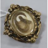 A Victorian yellow metal mourning brooch, with scroll border and hair beneath a glazed panel, 65mm.