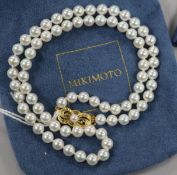 A single strand Mikimoto cultured pearl necklace with 18ct gold clasp, with Mikimoto pouch and spare