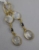 A modern pair of 14ct gold, moonstone and sapphire set drop earrings, 36mm.