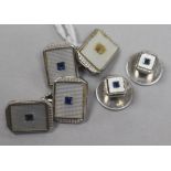A pair of 9ct white gold, mother of pearl and gem set cufflinks and a pair of dress studs ( one