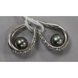 A pair of Mikimoto 18ct white gold, Tahitian cultured pearl and diamond set earrings, with