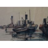 Peter J. Carter (1876-1967), ink and watercolour, Paddlesteamer in harbour 39 x 54cm.