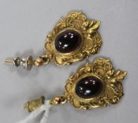 A pair of Victorian style 9ct gold and garnet set drop earrings.