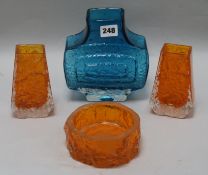 A Whitefriars Kingfisher blue banjo vase and 3 Whitefriars tangerine glass items