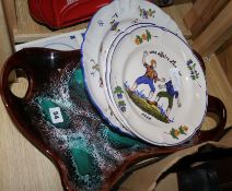 A pair of French plates, a Faience plate, a modern dish and Delft tiles