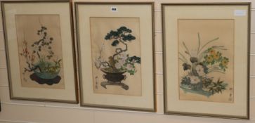 Three Japanese watercolours on silk of bonsai 38 x 25cm