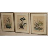 Three Japanese watercolours on silk of bonsai 38 x 25cm