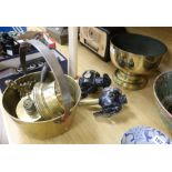 A brass jam pan, planter, two lamps, a holder and a pair of lamps