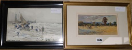 Victor Noble RainbirdwatercolourFisherfolk, signed, 17 x 27cm. and a harvest scene by C.H.Wood, 10 x
