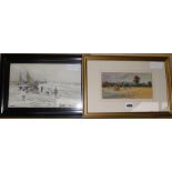 Victor Noble RainbirdwatercolourFisherfolk, signed, 17 x 27cm. and a harvest scene by C.H.Wood, 10 x