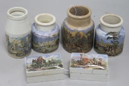 A Prattware jar, 'Venice' (84), three other jars and two rectangular boxes and covers, including '