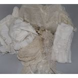 A panel Ayrshire white work and various 19th century laces, bonnets etc