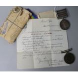 2 x World War I medals, with War Office letter and 2 other medals including South Africa