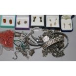 Five pairs of assorted earrings and mixed costume jewellery.