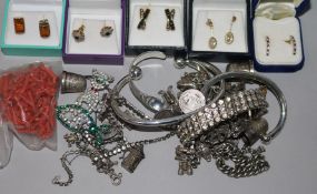 Five pairs of assorted earrings and mixed costume jewellery.