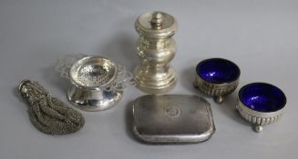 A late Victorian silver pepper mill, London, 1898, a silver travelling timepiece, a purse, two salts