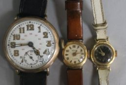 Two lady's 28ct gold cased wrist watches and a gentleman's gold plated wrist watch.