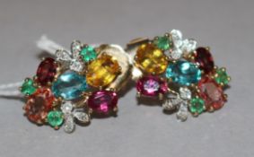 A pair of 9ct gold and multi gem set cluster earrings.