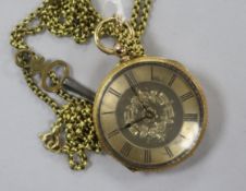 An 18ct gold fob watch, on a rolled gold chain.