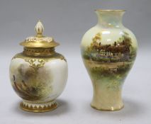 A Stinton Worcester lidded vase and a Hendry vase