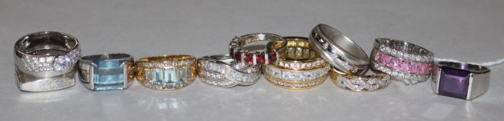 A 9ct gold and diamond gentleman's ring, 9 silver rings, variously stone-set and two gold-plated
