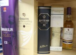 Five assorted bottles of whisky: Tamnavulin 12yo, Highland 12yo, Rosebank 12yo, The Antiquary