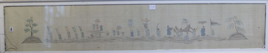 A long Chinese silk embroidered panel depicting a procession