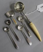 A Georgian silver caddy spoon(a.f), two pairs of Georgian salt spoons including Hester Bateman and a