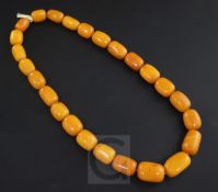 A single strand graduated barrel shaped amber bead necklace, gross 103 grams, 56cm.