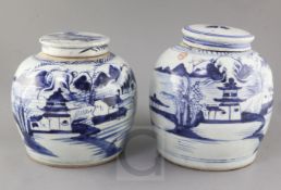 Two Chinese blue and white ovoid jars and covers, 19th century, each painted with river landscape