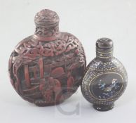 A Chinese cinnabar lacquer snuff bottle and a lac burgaute snuff bottle, the first of flattened