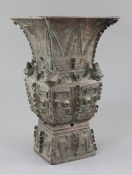 A rare Chinese archaic bronze ritual wine vessel, Fangzun, Shang dynasty, Anyang, 13th-11th