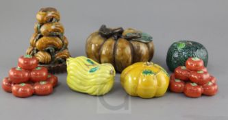 Seven Chinese porcelain and pottery models of fruit, 19th century, including a pair of models of ten