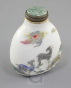 A rare Chinese famille rose moulded snuff bottle, probably Jiaqing period, painted with goats